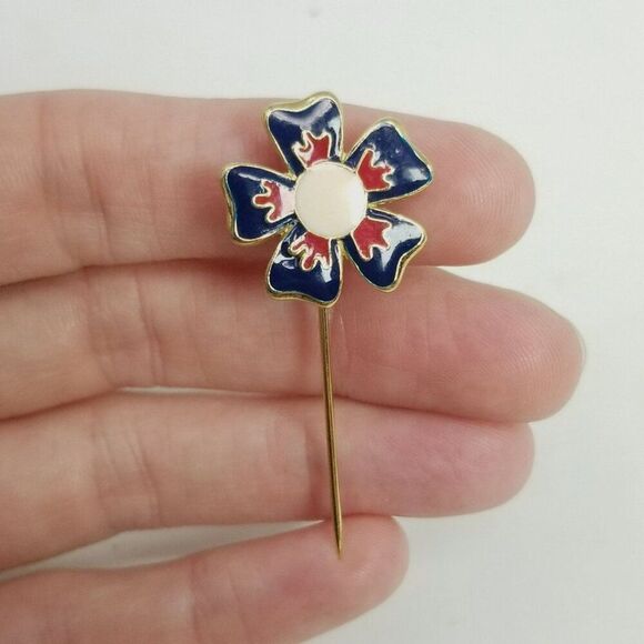 Vintage Red White Blue Enamel Flower Stick Pin, Floral Brooch, Estate - Picture 2 of 8